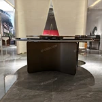 Arc-Base Dining Table with Marble Lazy Susan and Speckled Outer Panels